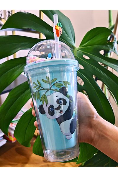 Deco Elit Cute Panda Themed Double Layer 450ml Water Bottle with Straw Mica Flask Blue 2770