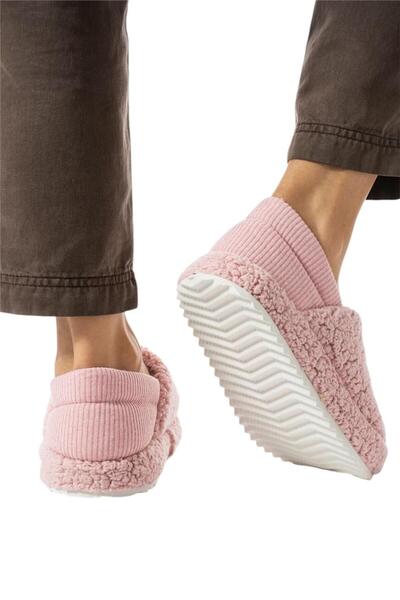 Liger Kadın Lastikli Kaymaz Taban Peluş Havlu Kumaş Ev Ayakkabısı Panduf PUDRA
