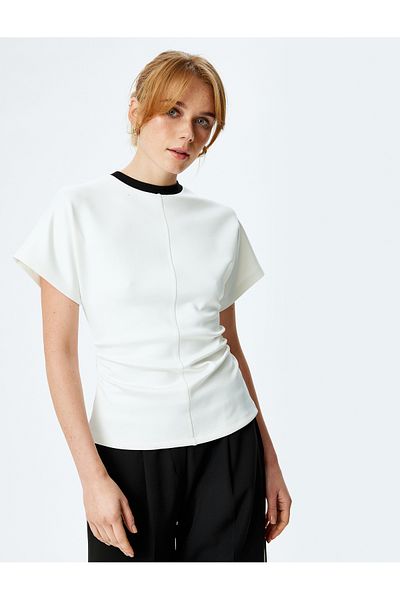 Koton Viscose Fabric Blended Color Contrast Detail Draped Short Sleeve Crew Neck T-Shirt