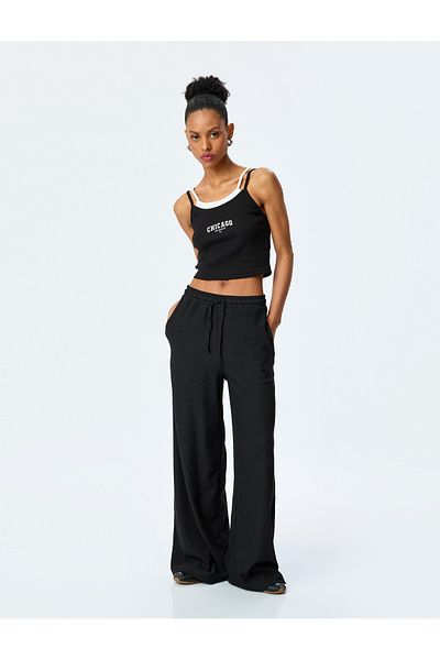 Koton Texturized High Waist Wide Leg Trousers with Lace-Up Waist