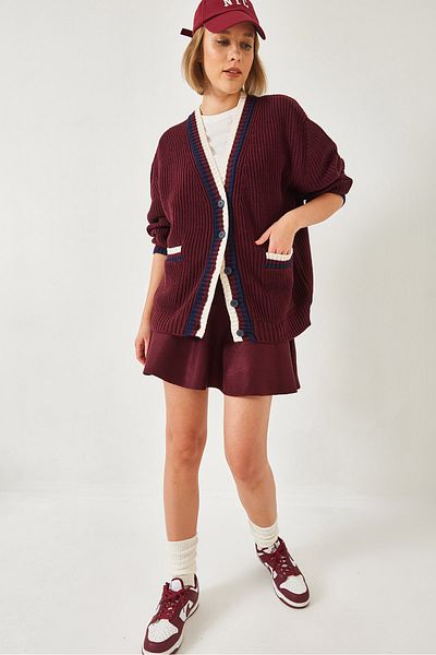Bianco Lucci Women's Hair Braided Button Detailed Stripe Pocket Cardigan 241143 60261326