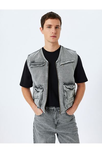Koton Capped Pocket Detailed Cotton V-Neck Sleeveless Oversize Denim Vest
