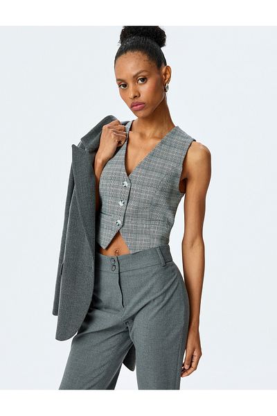 Koton V-Neck Viscose Blended Pocket Slim Fit Plaid Sleeveless Crop Vest