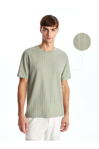 LC Waikiki Nevavm Oval Collar Short Sleeve Striped Men's Textured T-Shirt wit...