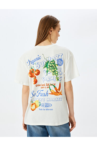 Koton Μπλουζάκι με κοντό μανίκι και μακρύ oversize με στάμπα με φρούτα και λαχανικά στο πίσω μέρος