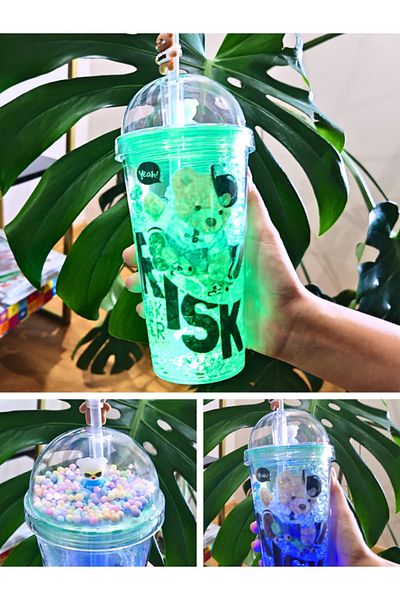 Deco Elit Green Risk Bear - Frosted Glass Appearance with Led Lights, Straw, 450 Ml, Double Layer Mica 2768