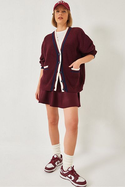 Bianco Lucci Women's Hair Braided Button Detailed Stripe Pocket Cardigan 241143 60261326