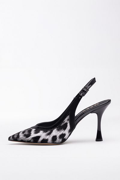 Tasarım Rose Heels Gray Leopard Print Black Patent Leather Shoes
