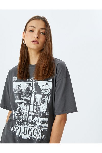 Koton Crew Neck Slogan Printed Oversize Short Sleeve Cotton T-Shirt