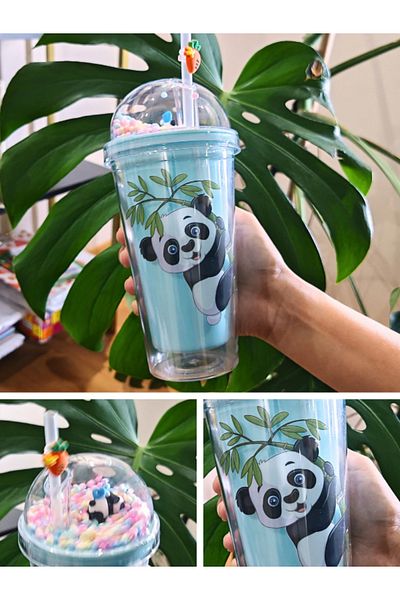 Deco Elit Cute Panda Themed Double Layer 450ml Water Bottle with Straw Mica Flask Blue 2770
