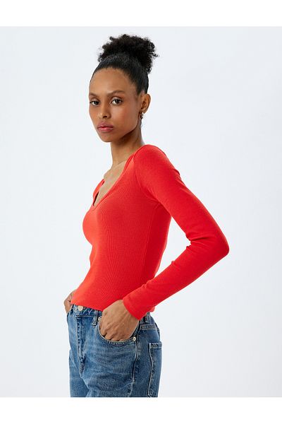 Koton Cotton Long Sleeve U-Neck Slim Fit Ribbed T-Shirt