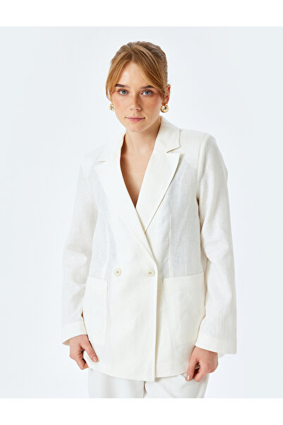 Koton Unlined Double Breasted Oversized Linen Blazer Jacket with Long Sleeves and Pockets