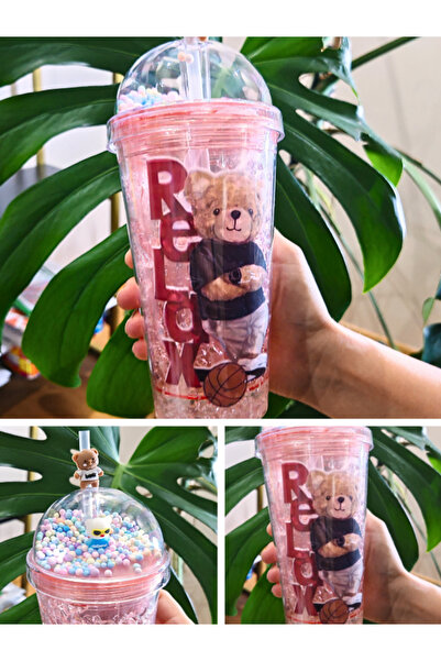 BiTon Toptan 450 ml Mica Pink - Cute Teddy Bear Themed, Double Layer Water Bottle with Straw