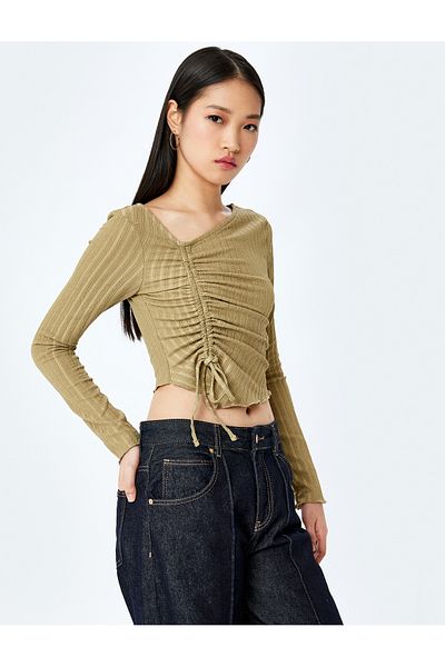 Koton Slim Fit Long Sleeves T-Shirt-Tucked, Asymmetry Neckline with Drawstring