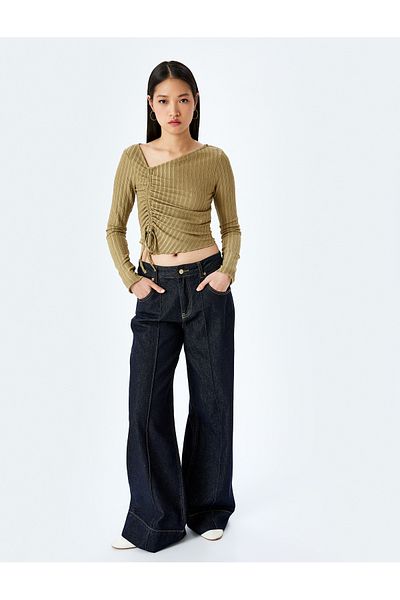 Koton Slim Fit Long Sleeves T-Shirt-Tucked, Asymmetry Neckline with Drawstring