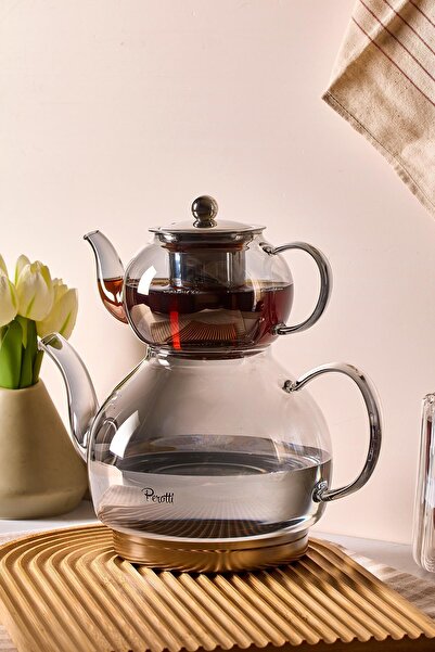 Perotti Keyf-i Ala Füme Indüksiyon Tabanlı Borosilikat Cam Çaydanlık Takımı 500 ml Demlik 1800 ml Suluk