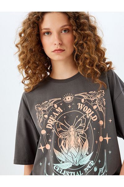Koton Mystic Printed Short Sleeve Crew Neck Oversize T-Shirt