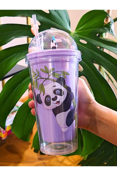 BiTon Toptan Panda Themed Cute Double Layer 450 ml Mica Flask - Purple 2770