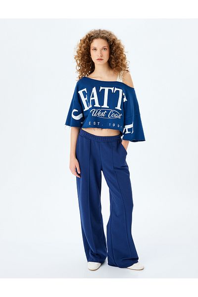 Koton Asymmetrical Collar College Printed Oversize Short Sleeve Crop T-Shirt