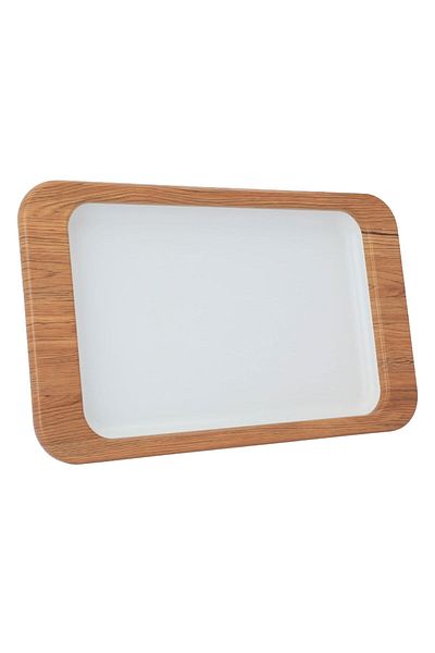 Alsaif Gallery Serving Tray Steel, Al Seif Gallery, 49×39×3 cm, Rectangular, Wooden Edge, Large - White