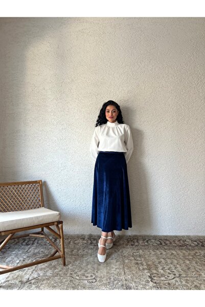 KÜÇÜĞÜM BUTİK Navy Blue Velvet Flared Skirt