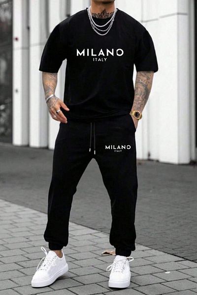 NO 601 Men's Black Milano Printed T-Shirt Black Tracksuit Bottom Top Set