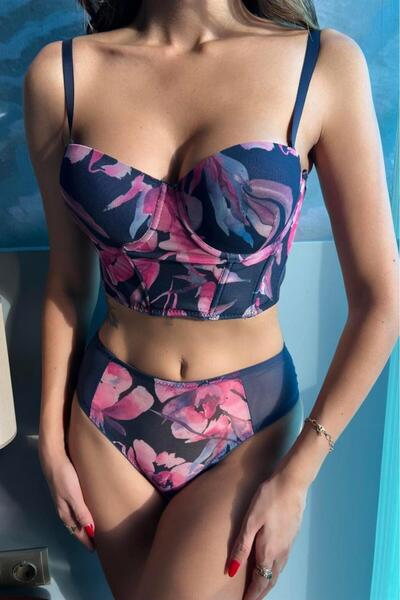 Trade Bazaar Bustieră cu susținere florală, albastru închis