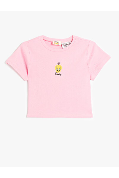 Koton Pamuklu Tweety Nakış Lisanslı Kısa Kollu Bisiklet Yaka Crop Tişört