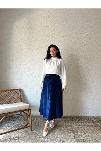 KÜÇÜĞÜM BUTİK Navy Blue Velvet Flared Skirt
