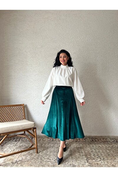 KÜÇÜĞÜM BUTİK Green Velvet Flared Skirt