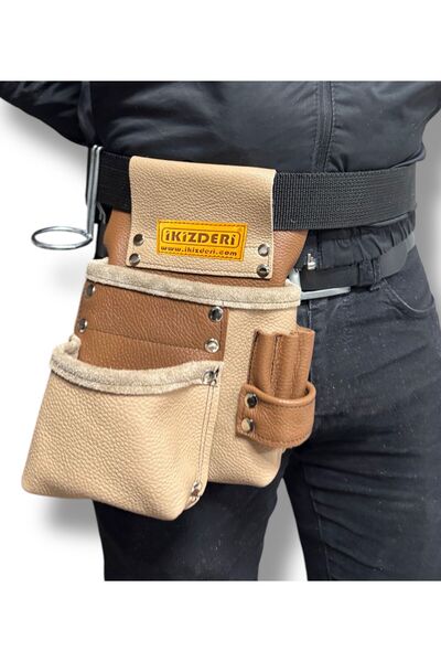 İKİZ DERİ ÜRÜNLERİ HAKİKİ DERİDEN ELEKTRİKÇİ USTA ÖNLÜĞÜ BEJ-AÇIK KAHVE