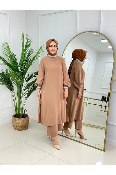 VALENS BOUTİQUE Γυναικείο Σετ Hijab 2 τεμαχίων Crepe υφασμάτινο τουνίκ και παντελόνι