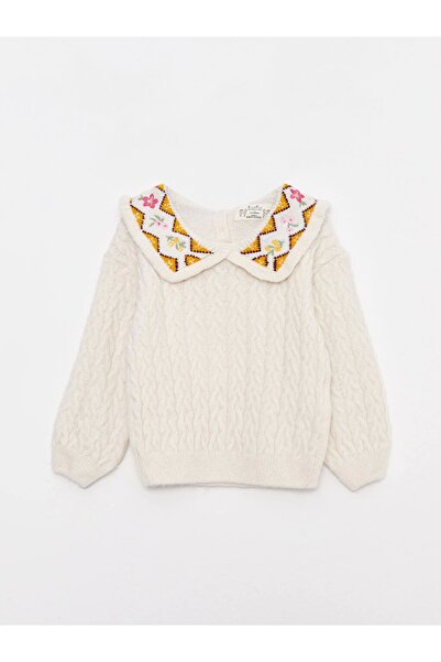 LC Waikiki Bej Polo Yaka Uzun Kollu Nakış Detaylı Kız Bebek Triko Kazak