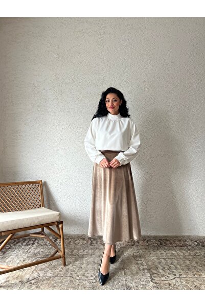 KÜÇÜĞÜM BUTİK Beige Velvet Flared Skirt