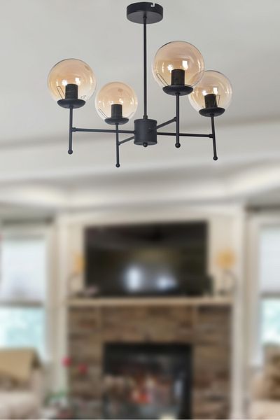 Modavize Axel Modern Design Living Room Dining Bedroom Kitchen Black Color Honey Glass Pendant Lamp 4-Piece Chandelier