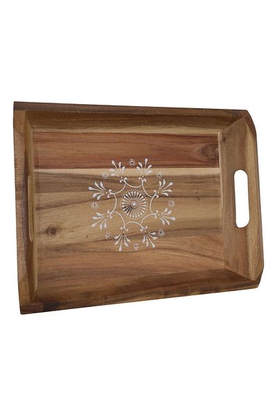 Alsaif Gallery Al Saif Gallery Wooden Serving Tray, 40×30×5 cm, Rectangular, White Engraving - Brown