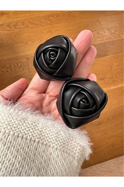 Pelin Aksesuar Siyah Gül Deri Küpe