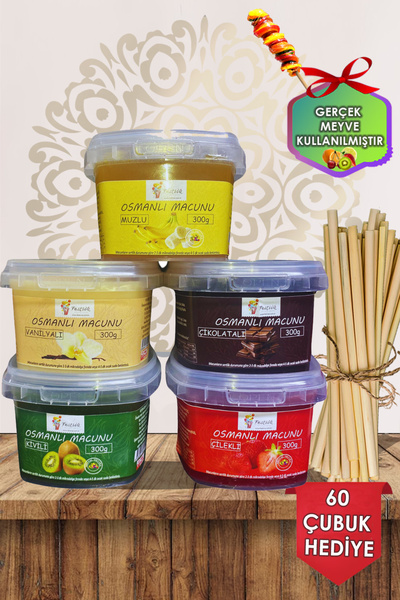 Festiva 5 Çeşit Osmanlı Macunu – Karışık Aromalı – Muzlu Çikolata Vanilya Kivi Çilek – 60 Adet Bambu Çubuklu