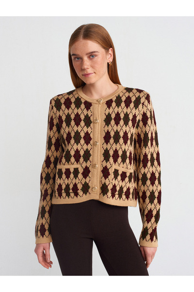 Dilvin 60940 Bisiklet Yaka Baklava Desenli Düğmeli Triko Hırka-Bej