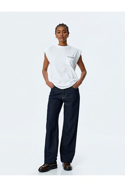 Koton Cotton Short Sleeve Basic Padded T-Shirt with Rhinestone Pocket Detail