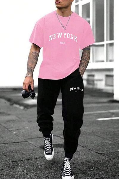 NO 601 Ανδρικό σετ αθλητικής φόρμας με ροζ New York printed Thsirt μαύρο