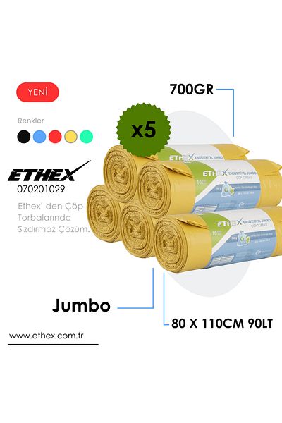 Ethex Industrial Jumbo Size Garbage Bag (10 Pieces 700Gr 80 X 110cm 90Lt Yellow 5 Rolls)