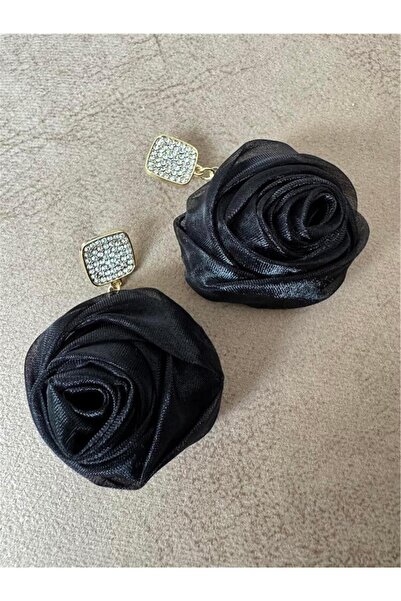 Pelin Aksesuar Siyah Organze Gül Taşlı Küpe