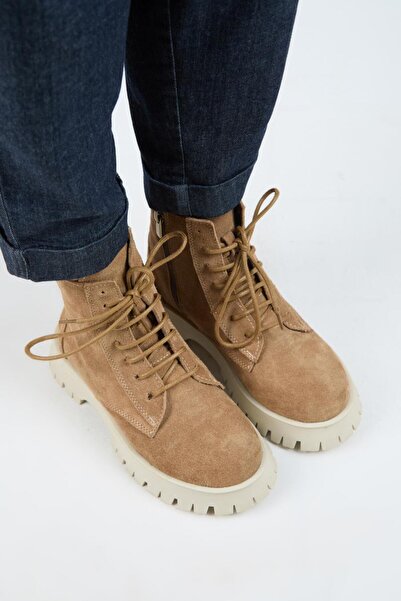 Manijero (Viyan) Kadın Hakiki Deri Bağcıklı İçten Fermuarlı Kum Bot