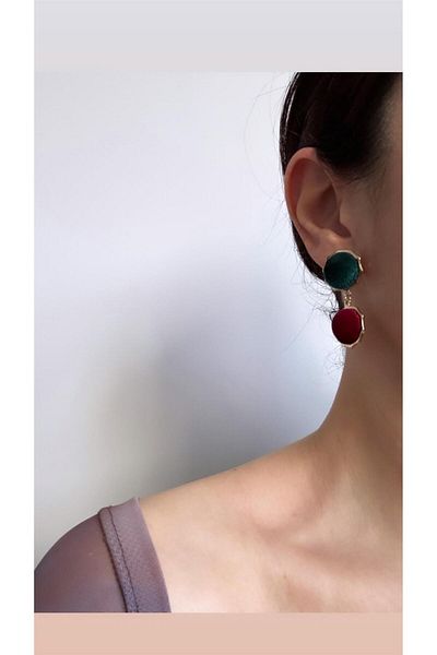 Pelin Aksesuar Green Burgundy Velvet Beaded Earrings