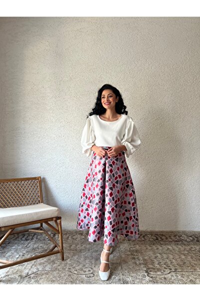 KÜÇÜĞÜM BUTİK Fusta evazată din brocart pastel roz