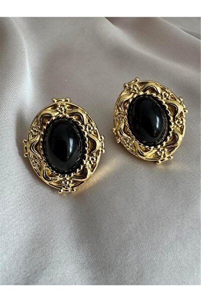 Pelin Aksesuar Siyah Taşlı Vintage Çelik Küpe