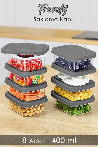 Meleni Home 8 Pcs Rectangular Food Storage Container Suitable for 400ml Gray Microwave - Organizer Organizer