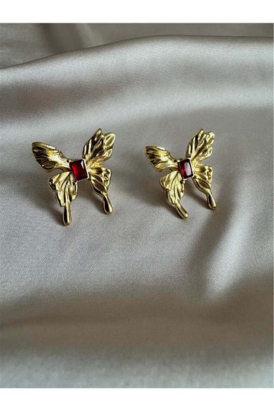 Pelin Aksesuar Gold Red Baguette Stone Steel Butterfly Earrings