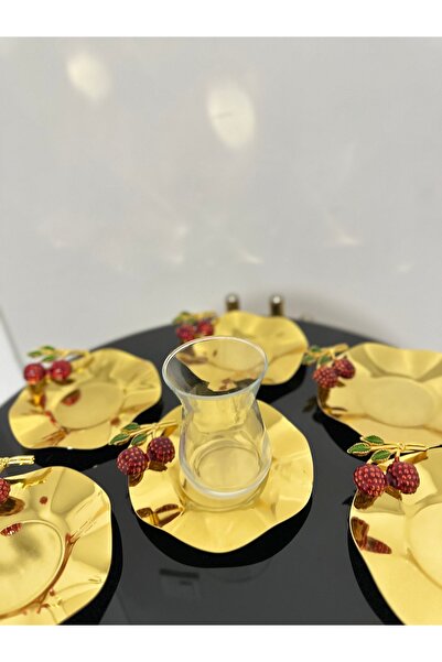 USD HOME Set of 6 Gold Tea Plates - Cherry Motif Stainless Steel